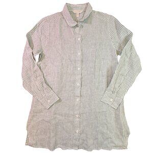 Garnet Hill Womens European Flax Linen Button-Down Green Striped Tunic Shirt PP